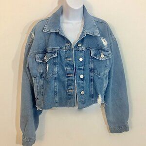 Distressed Denim Jacket Blue Medium Forever 21 Retro Grunge Lived-in Look